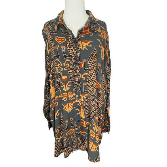 Vintage 90's We Be Bop Button Down Tunic Safari Print Light Blue Tan Size 2X - Picture 1 of 10